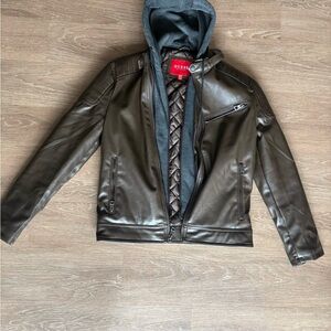 GUESS Men's Dark Brown Leather Jacket with Hood